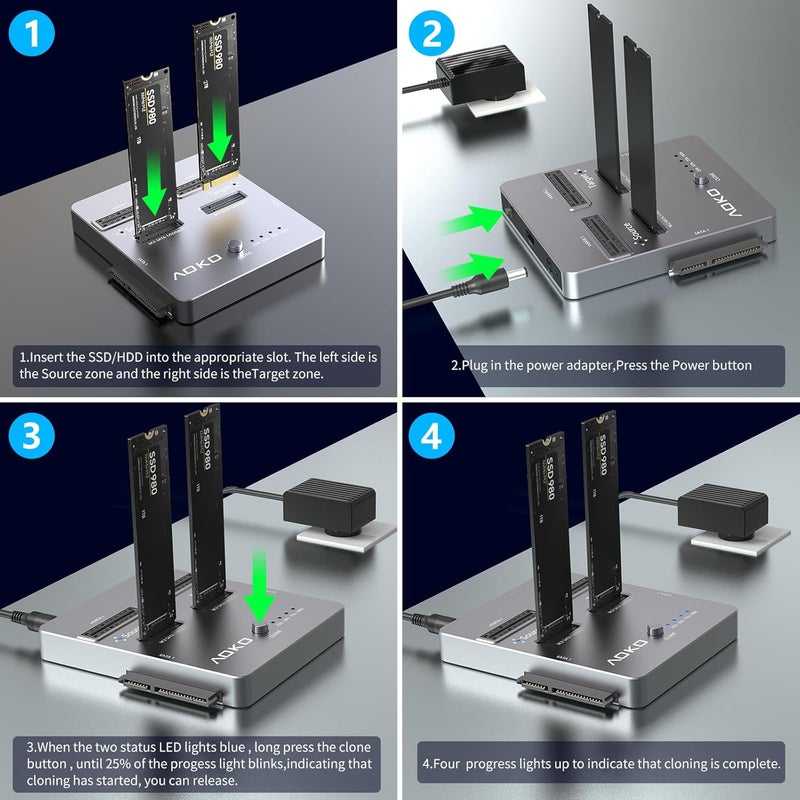 AOKO ناسخ SSD M.2 NVMe، ناسخ/قارئ أقراص صلبة مزدوجة 4 في 1، يدعم M.2 NVMe/NGFF SATA، mSATA و SATA 2.5"/3.5" HDD، النسخ غير المتصل بدون كمبيوتر - Image 4